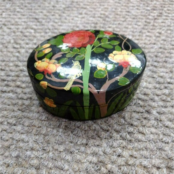 Vintage Lacquer Trinket Box, Kashmir India Black Flowers Bird Paper Mache - Picture 2 of 3